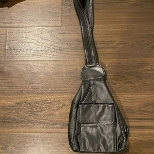 Black Leather Sling Crossbody Travel Bag